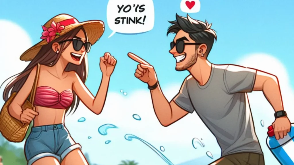 Uncover the mystery: A playful 30-year-old guy calls his 25-year-old partner 'stink' during a lighthearted beach water fight.