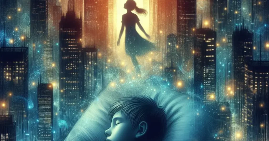 A mesmerizing illustration of a boy peacefully sleeping in a dream city, pondering what does it mean when a guy dreams about a girl. Skyscrapers mirror the complexity of his emotions, while the silhouette of a girl emerges in the city lights, symbolizing the intertwining of their lives.