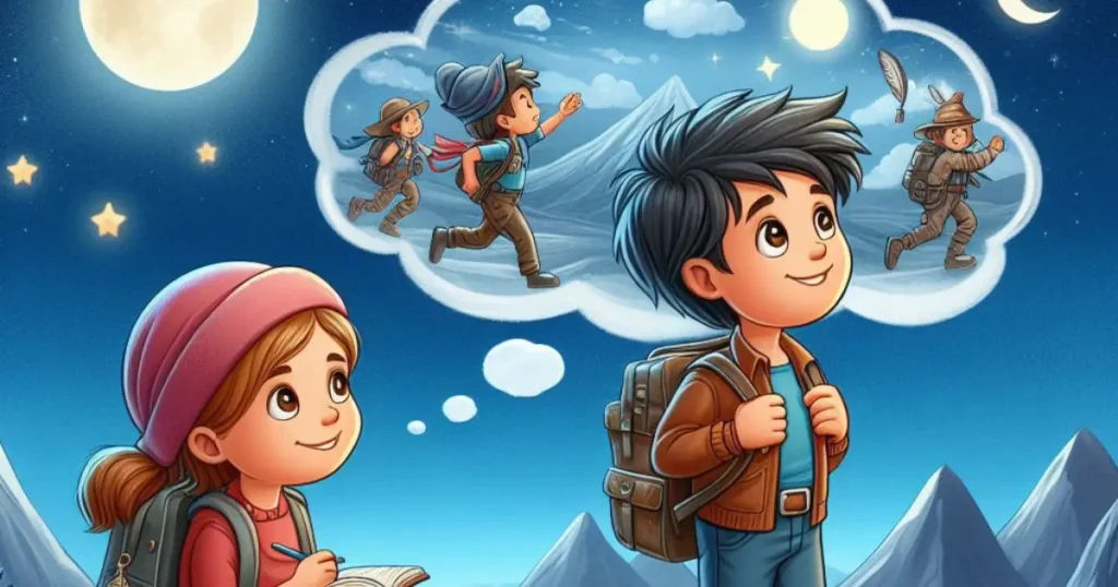 A dreamy picture of a boy and girl traveling on an exciting adventure together is depicted in this appealing drawing. representing their investigation of their profound connection and their mutual joy."