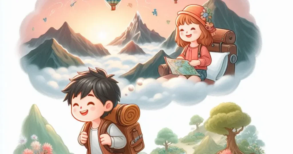 A captivating illustration of a boy dreaming about an adventurous journey, with the girl as his companion on this dream quest. Symbolizing shared excitement and the exploration of their deep connection.
