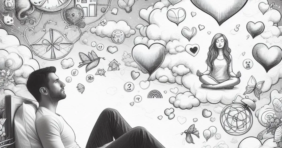 A whimsical sketch portraying a 30-year-old guy in a dreamland, surrounded by symbols of love and connection, contemplating what does it mean when a guy dreams about a girl, particularly a 25-year-old enchanting figure.