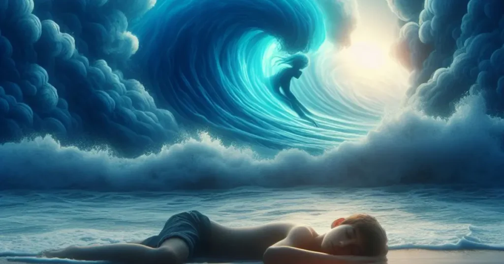 A serene scene of a boy peacefully asleep on the shore of a dreamy ocean. The waves carry the essence of his emotions, and from the depths emerges a girl, visually representing the profound connection between them.