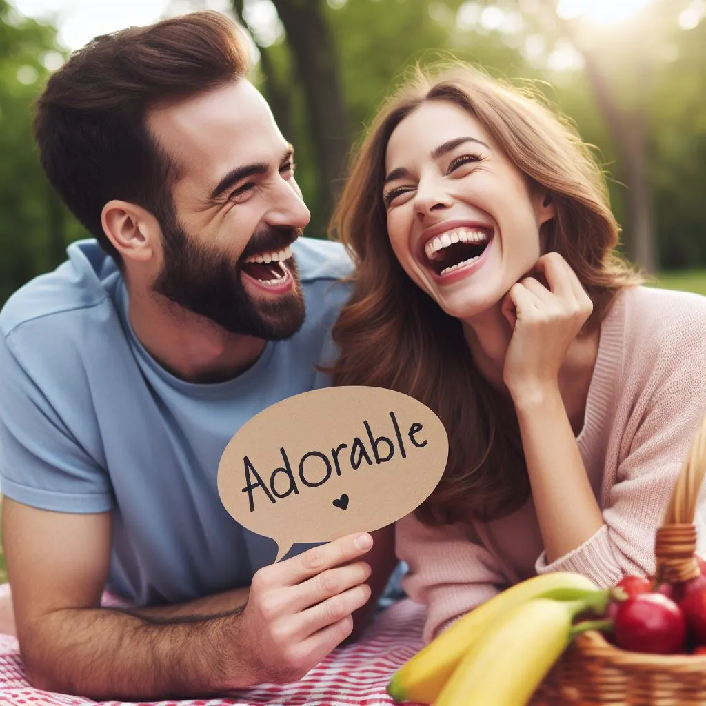 A lighthearted scene of a couple enjoying a playful day out, sharing laughter and joy during a picnic. The man affectionately calls his partner adorable, unraveling the warmth in his words.