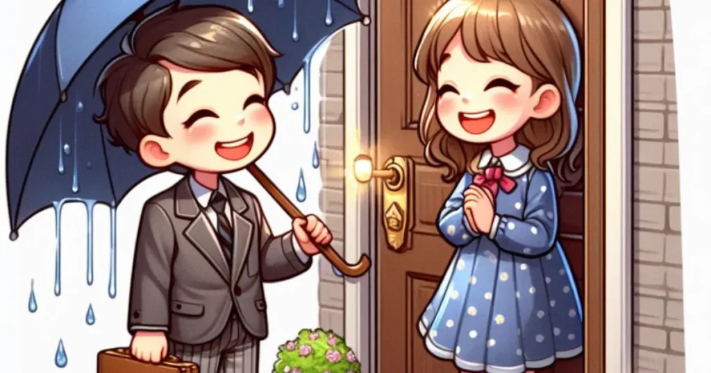 Joyful moment: Girl and boy share laughter at her doorstep, caught in the rain with the boy holding an umbrella – Discovering the meaning when a guy comes to see you.