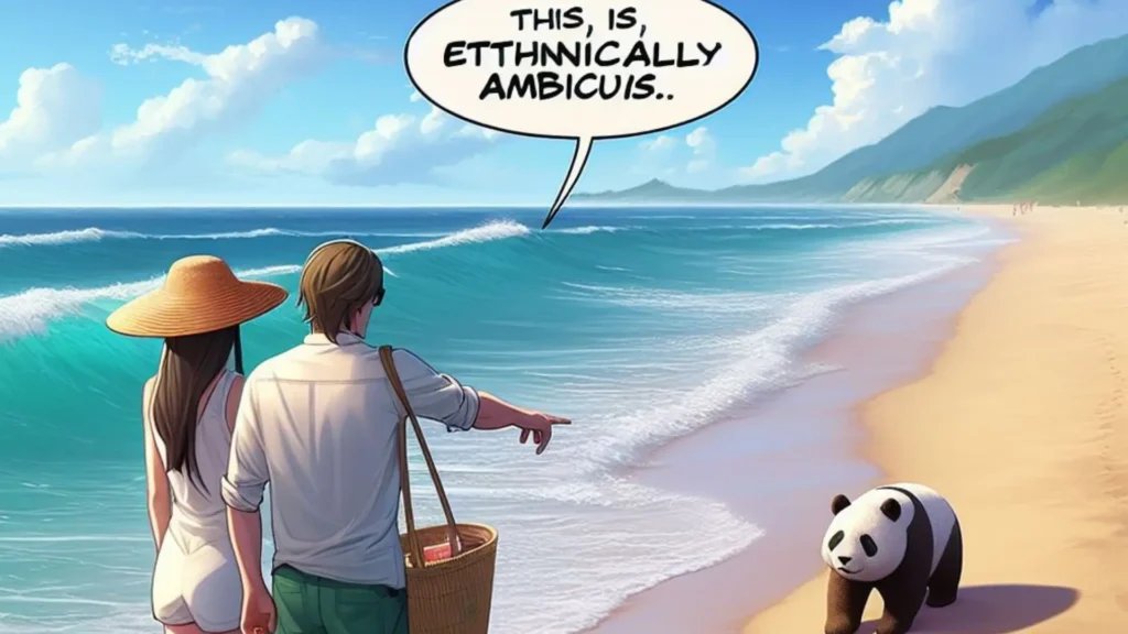 A tranquil beach setting with a 30-year-old guy and a couple walking along the shore. He points to a sand sculpture of a panda, using the endearing term, sparking curiosity about 'What does it mean when a guy calls you Panda.