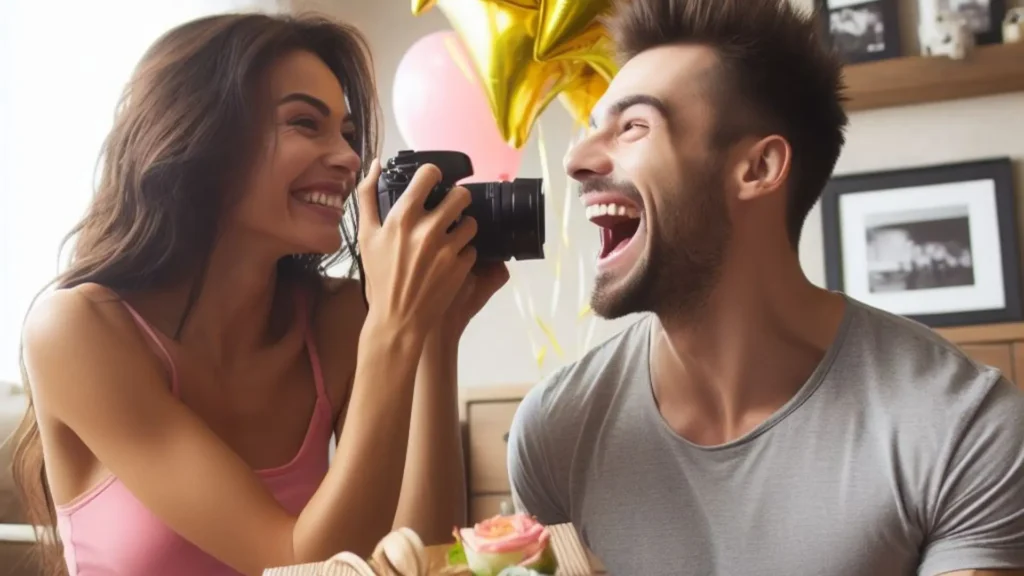 Joyous surprise: A 30-year-old playfully incorporates the term 'stink' while surprising his 25-year-old partner with a gift.