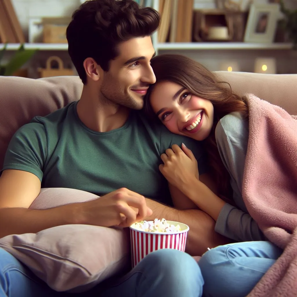 In a cozy movie night scene, the couple snuggles on the couch. As the girl blushes at a heartwarming scene, the boy whispers, 'You're absolutely adorable,' creating a tender shared moment.