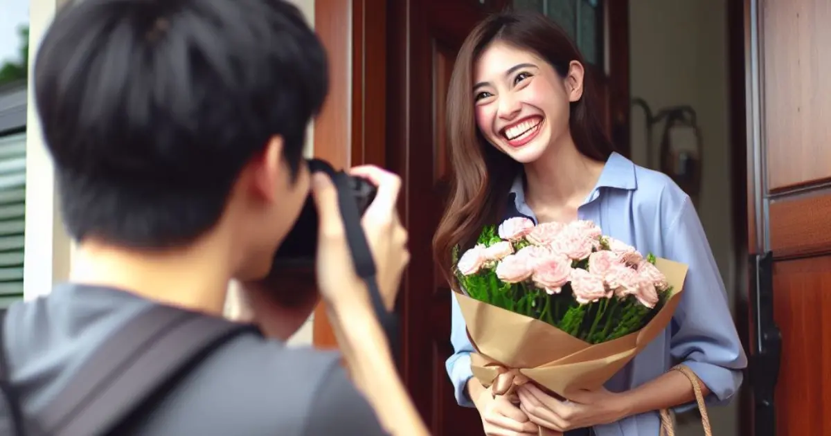 Charming moment: A guy surprises a girl at home, holding a bouquet of flowers with a big smile – What does it mean when a guy comes to see you.