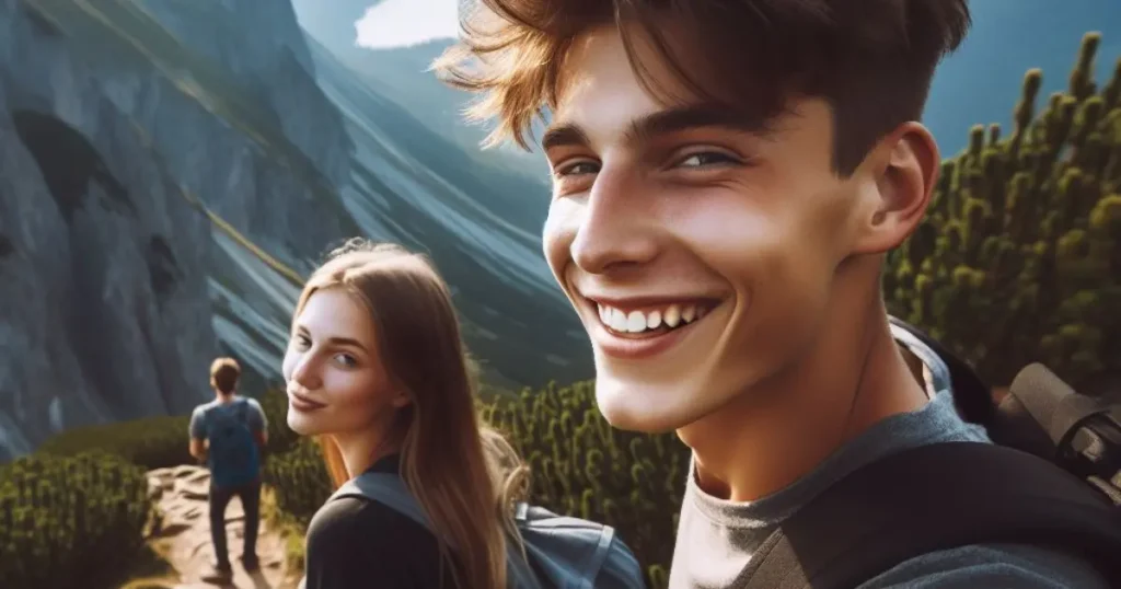 Atop a mountain trail, the boy smirks, exuding confidence and playfulness. Delve into what it means when a guy smirks at you, possibly in response to the girl's reaction to a breathtaking view.