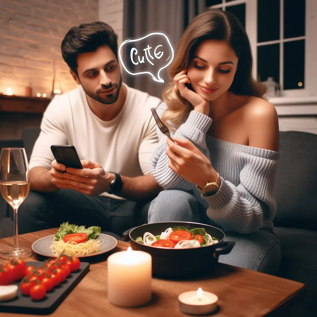 Amidst an intimate home dinner, the guy pauses from cooking to send a sweet text, complimenting the girl's elegance and playfully labeling her 'cute'—delving into what does it mean when a guy calls you cute over text.