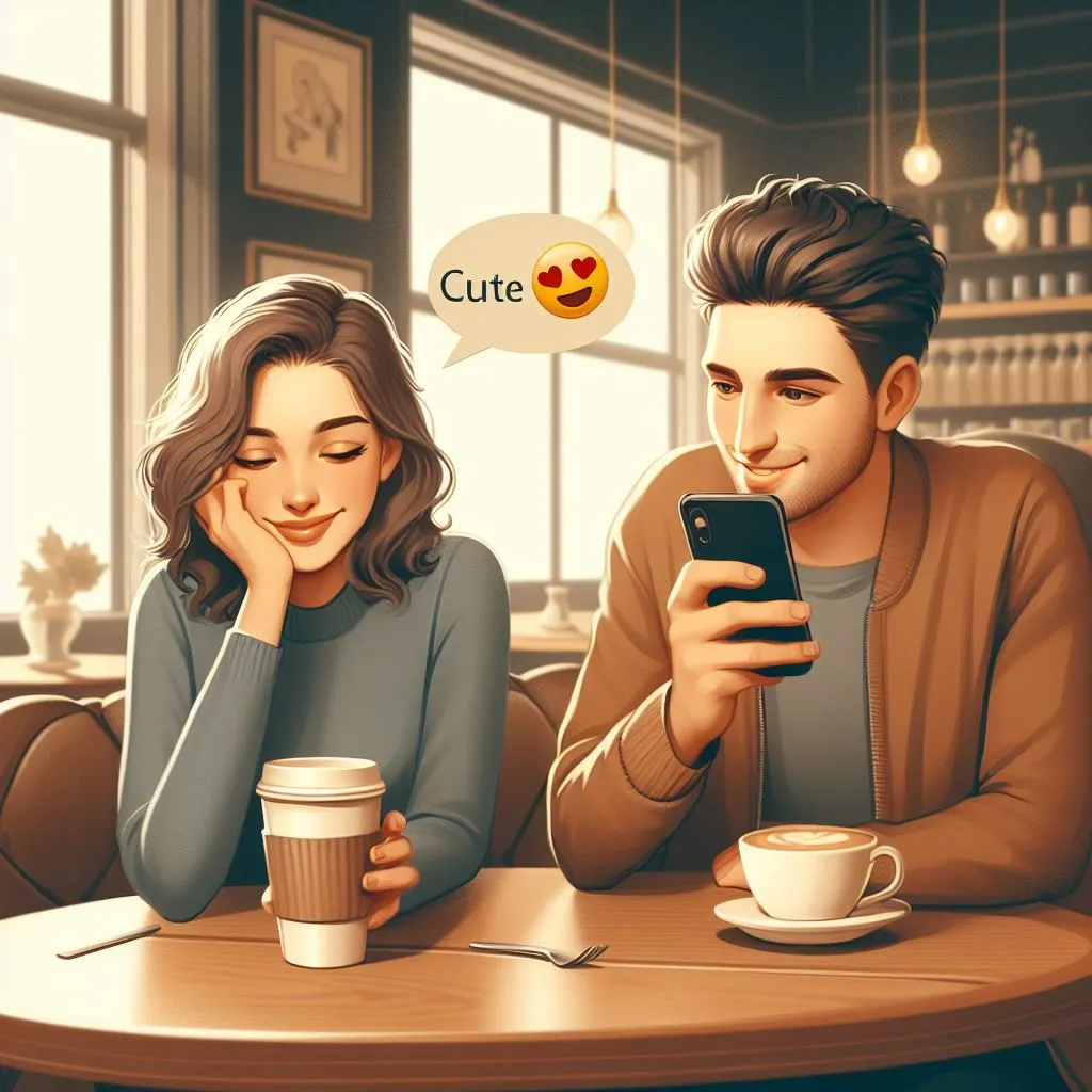 In a cozy coffee shop, a thirty-year-old couple shares a moment as the guy, holding a cup of coffee, playfully texts the girl across the table, teasingly calling her 'cute' – decoding what does it mean when a guy calls you cute over text.