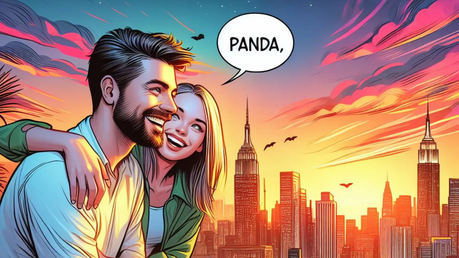 A joyful 30-year-old guy and a happy 25-year-old girl share a special sunset moment on a vibrant city rooftop. He smiles, calling her 'Panda.