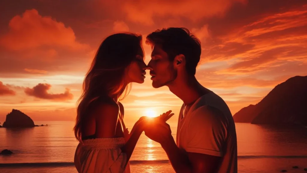 By candlelight on a faraway seashore, a 30-year-old man and a 25-year-old girl proportion a romantic French kiss as the sun sets over the water, evoking warm temperature. what does it mean when a guy french kisses you?