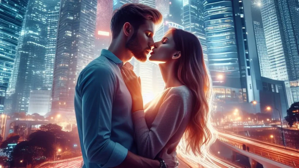 Young couple, aged 30 and 25, shares a French kiss amid dazzling city lights and skyscrapers, capturing the essence of modern romance. What does it mean when a guy French kisses you?