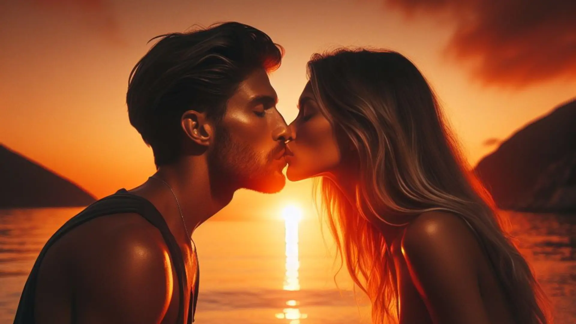 Captivating ocean sunset frames a 30-year-old guy and a 25-year-old girl sharing a meaningful French kiss by candlelight on a secluded beach. What does it mean when a guy French kisses you?