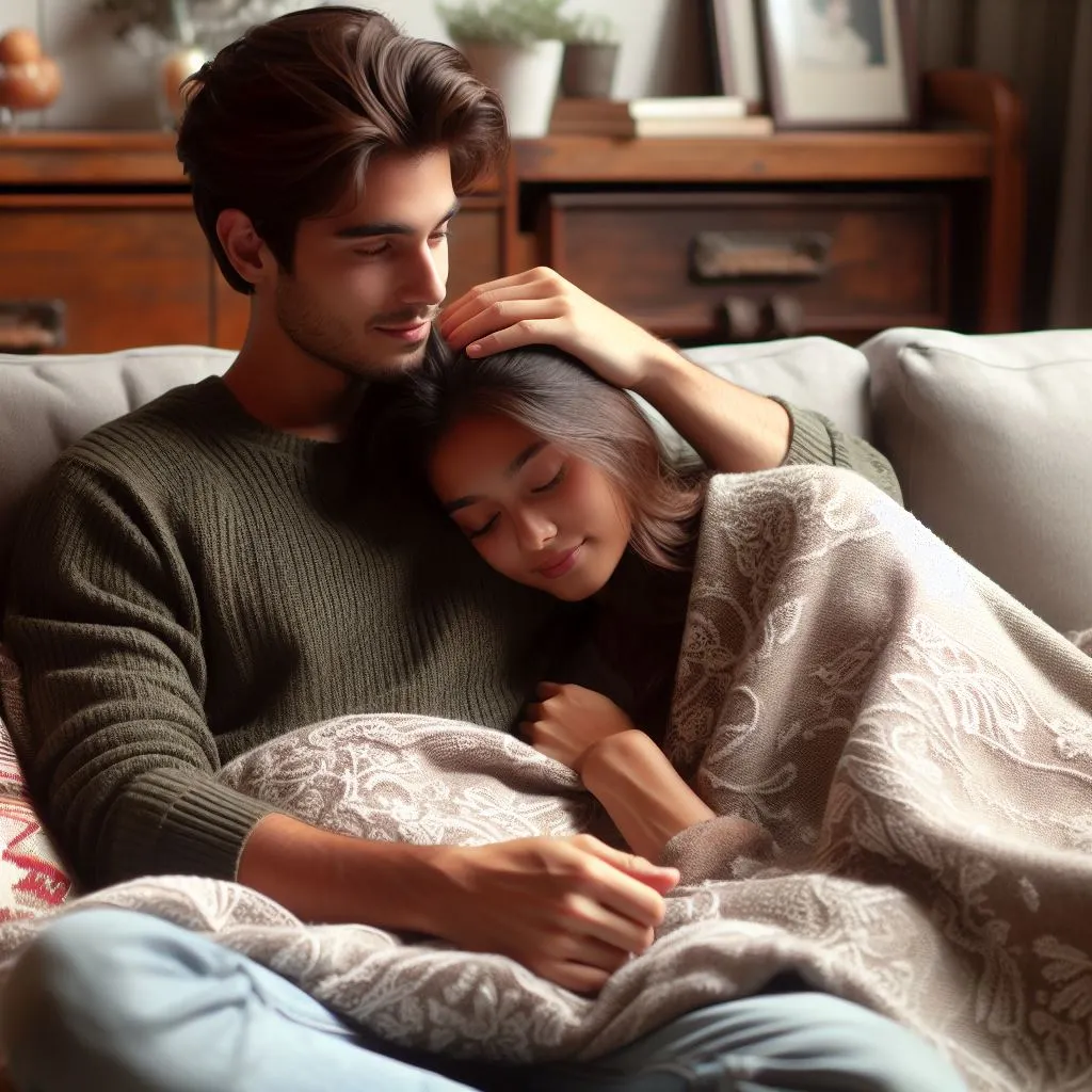 A loving pair huddled underneath a comfy blanket on the couch, with the person petting his lady friend's hair to express his consolation and affection. When a man rubs your hair, what does that imply? 