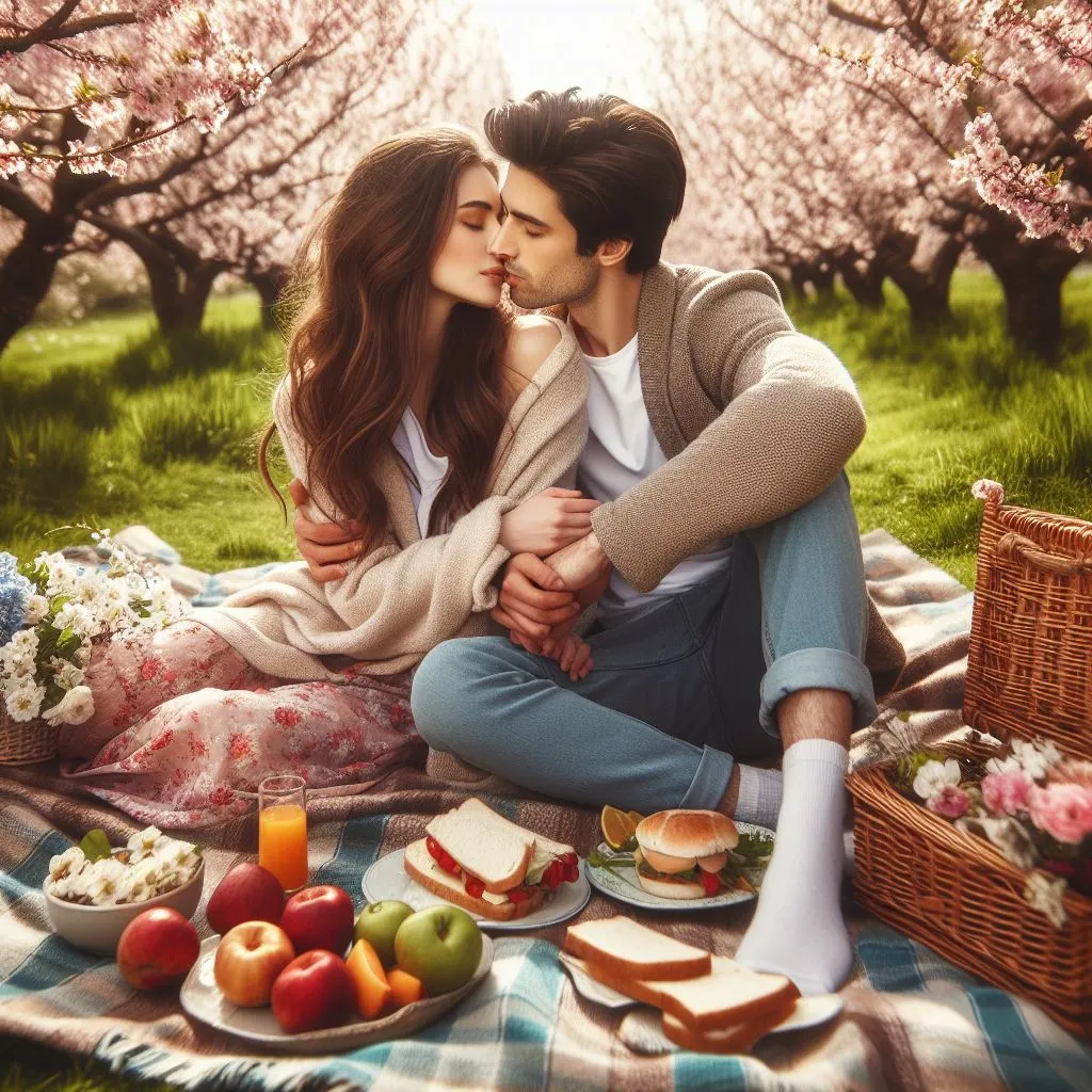 A couple having a picnic on a blanket in a flower-filled yard. The admirer leans in to plant a kiss, breathing in the delicate perfume of his girlfriend's skin along with the wonderful aroma of blossoming flowers. What does a man smelling you mean?