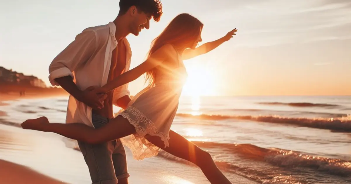 As the sun sets on a tranquil beach, a carefree boy playfully holds the girl by her legs. Their sunset stroll leaves playful footprints in the sand, sparking curiosity about what does it mean when a guy bites your thigh.