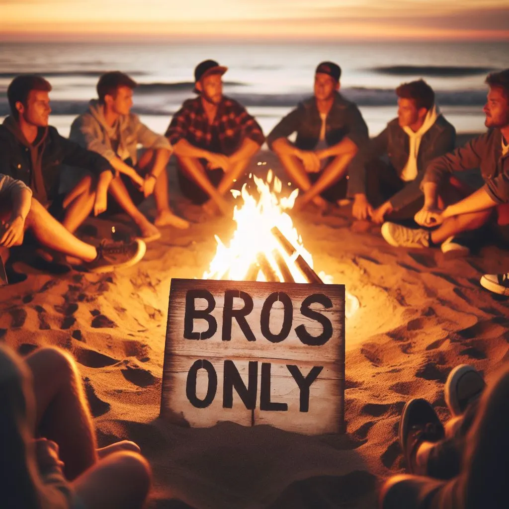 An organization of friends gathers around a crackling bonfire at the seashore at nightfall. A handwritten signal within the sand reads "Bros Only," with the phrase "Bro" prominently displayed in formidable letters, symbolizing camaraderie and brotherhood, sparking the mind on "what does it mean when a guy calls you bro?