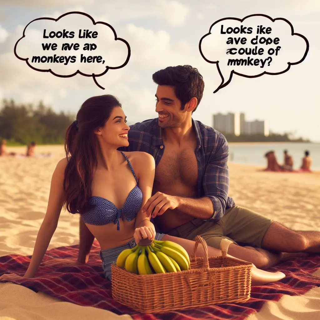 A couple enjoying a beach picnic. The boyfriend playfully calls his girlfriend "monkey" while holding a bunch of bananas, prompting curiosity about "what does it mean when a guy calls you monkey.