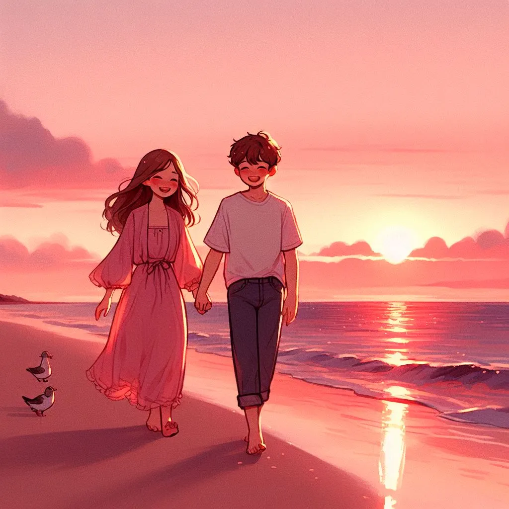 At a serene beach during the golden hour, the couple strolls hand in hand. Enchanted by the girl, the boy blushes and smiles as the sunset paints the sky, sparking curiosity: what does it mean when a guy blushes and smiles at you?
