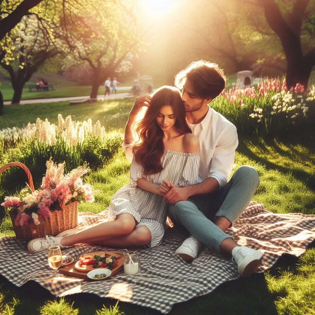 A couple enjoys a serene picnic on a checkered blanket surrounded by blossoming vegetation and lush vegetation. When daybreak peeks through the bushes, the lover softly strokes his female friend's hair. 