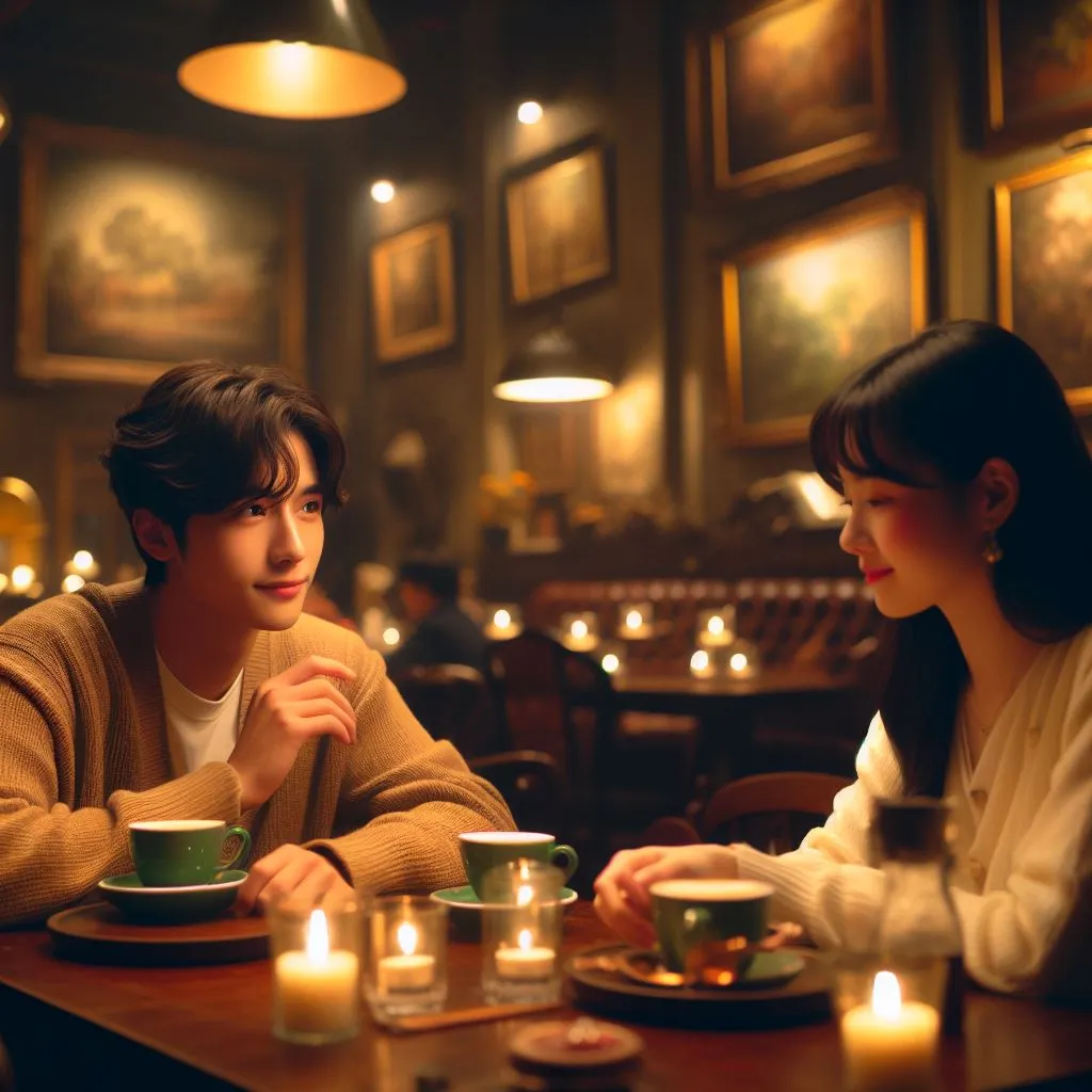 In a warm, dimly lit café with vintage decor, the couple shares a quiet coffee moment. The boy, with a subtle blush, gazes affectionately at the girl engrossed in conversation, sparking curiosity: what does it mean when a guy blushes and smiles at you?