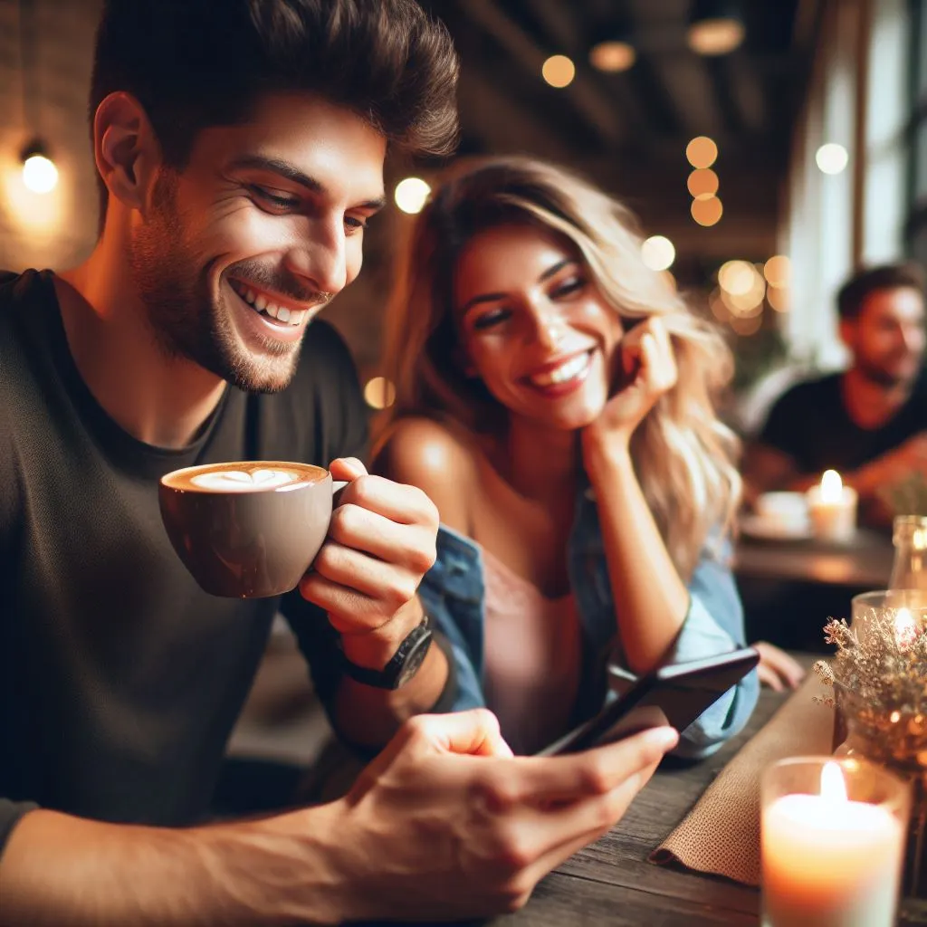 A couple enjoys coffee at a café, the man texts his girlfriend daily, prompting curiosity about "what does it mean when a guy texts you everyday.