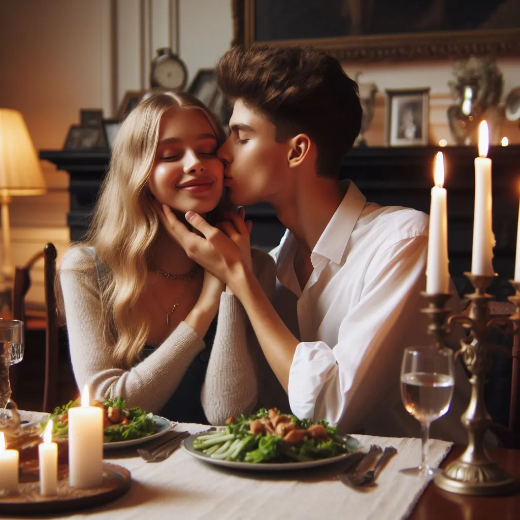 In their elegant dining room, bathed in soft candlelight, the couple shares a homemade dinner. Expressing affection, the boy kisses the girl's neck, capturing the joy of togetherness and prompting the question: what does it mean when a guy bites your neck?