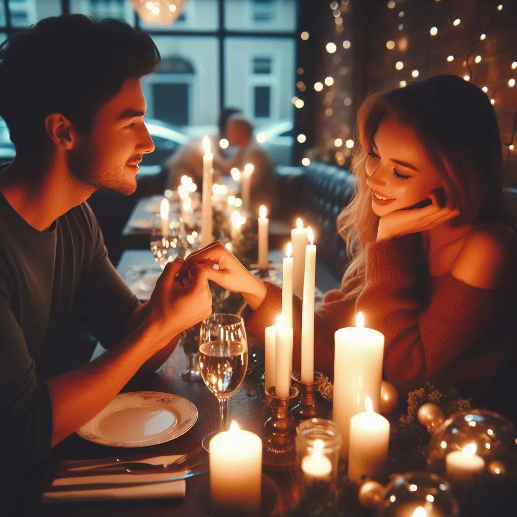 A cozy candlelit dinner scene at a quaint restaurant. The boyfriend tenderly holds his girlfriend's hand, murmuring "Darling," prompting thoughts on "what does it mean when a guy calls you darling?