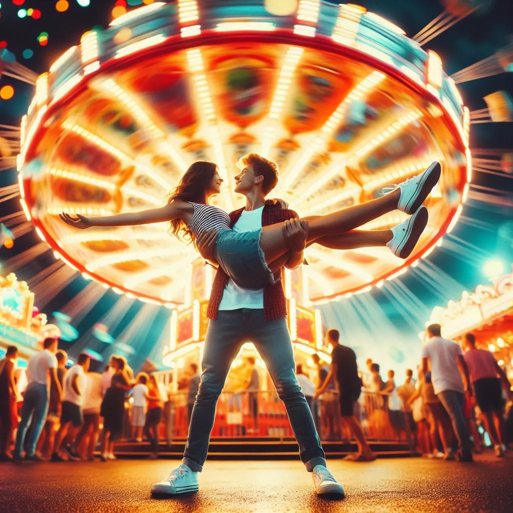Imagine a lively carnival with colorful lighting fixtures and spinning rides. The boy holds the woman through her legs, growing a dynamic image of exhilaration and youthful pleasure amid the carnival festivities, prompting the question: what does it mean when a man bites your thigh?