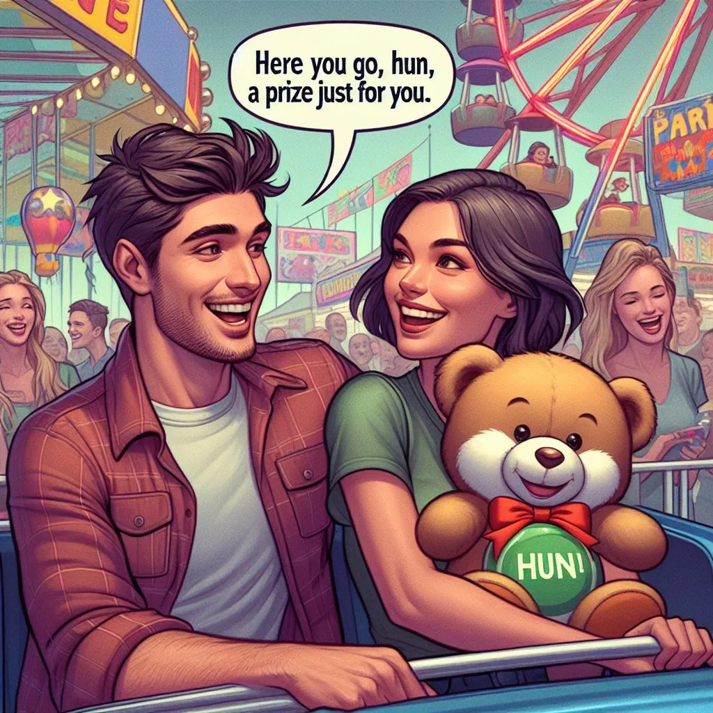 A couple enjoys carnival games and rides, with the boyfriend affectionately calling his girlfriend "Hun," sparking thoughts on "what does it mean when a guy calls you hun.