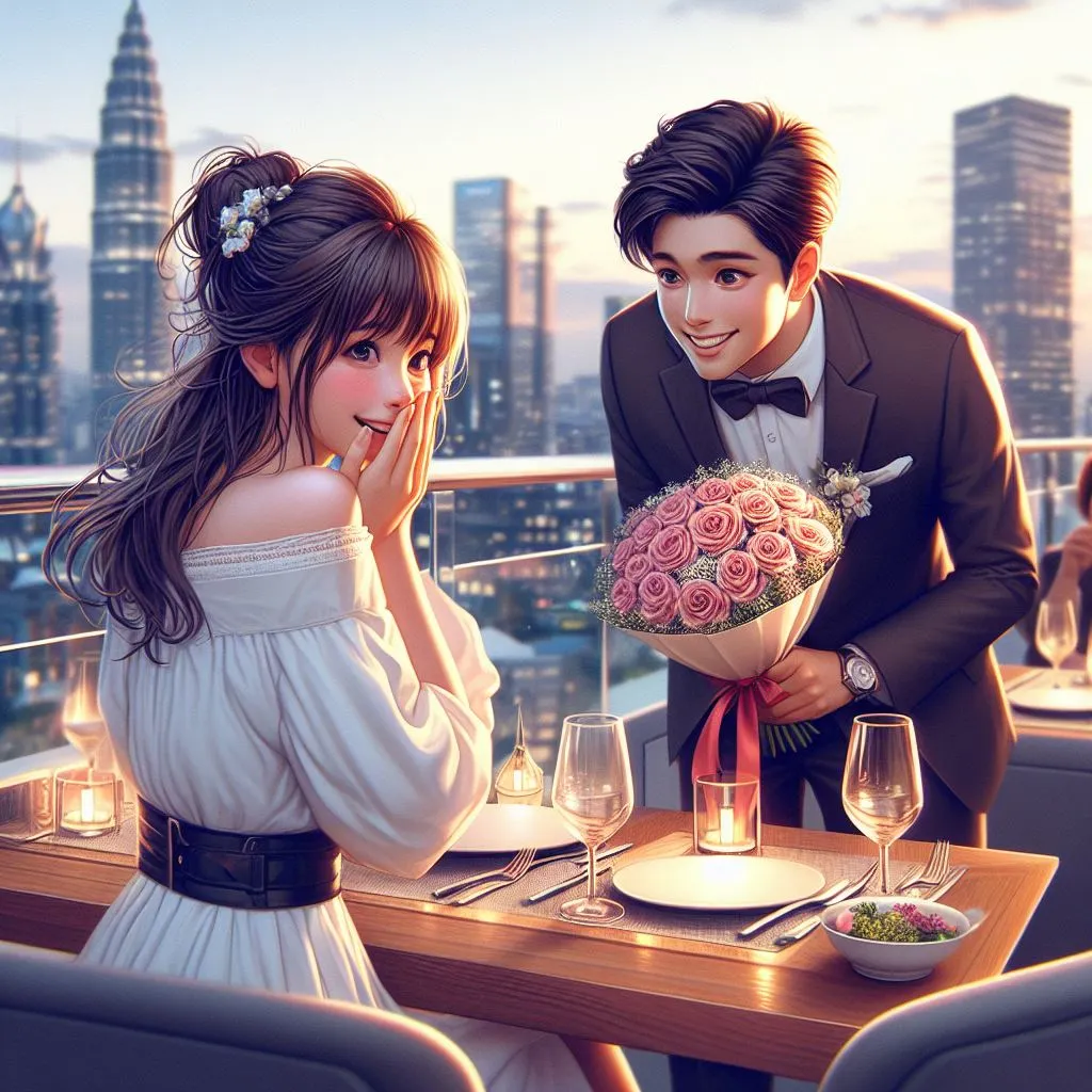 In a rooftop restaurant with a panoramic city view, the girl turns to a surprise. The boy, holding a bouquet, lights up with a smile and a blush, sparking curiosity: what does it mean when a guy blushes and smiles at you?