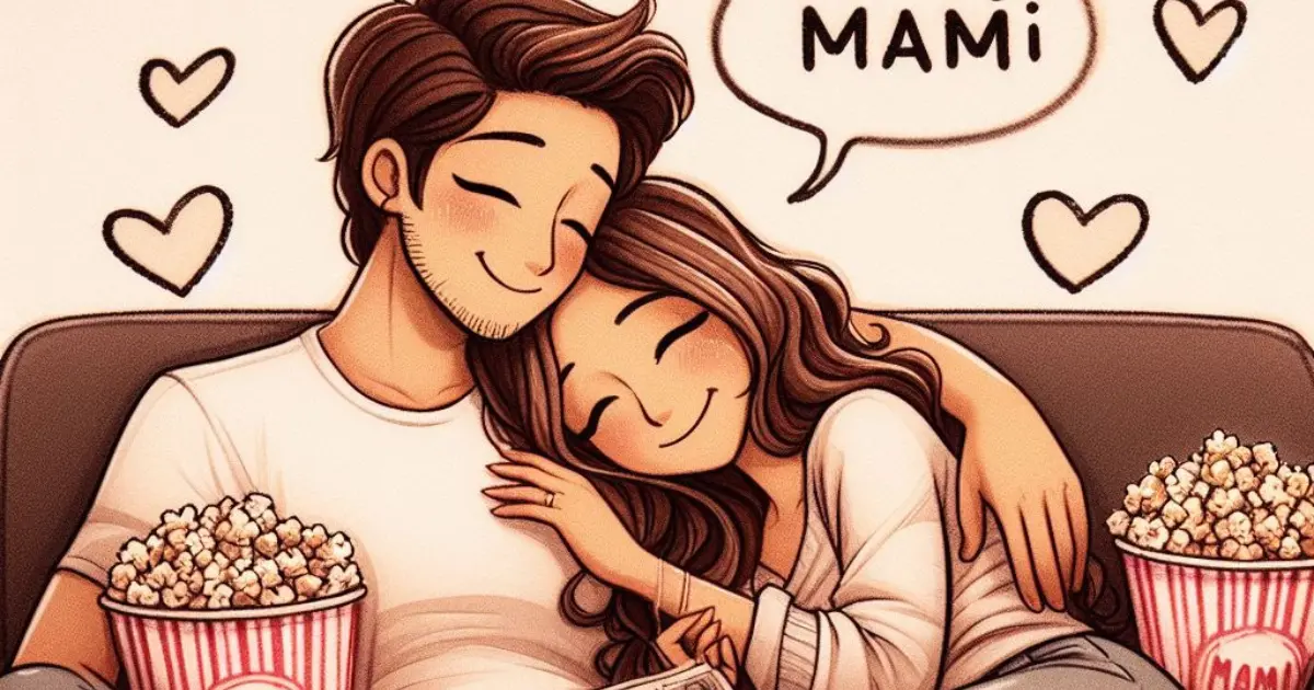A couple snuggles on the couch, enjoying a romantic movie. The boyfriend affectionately calls his girlfriend "Mami," prompting thoughts on what it means when a guy calls you mami.