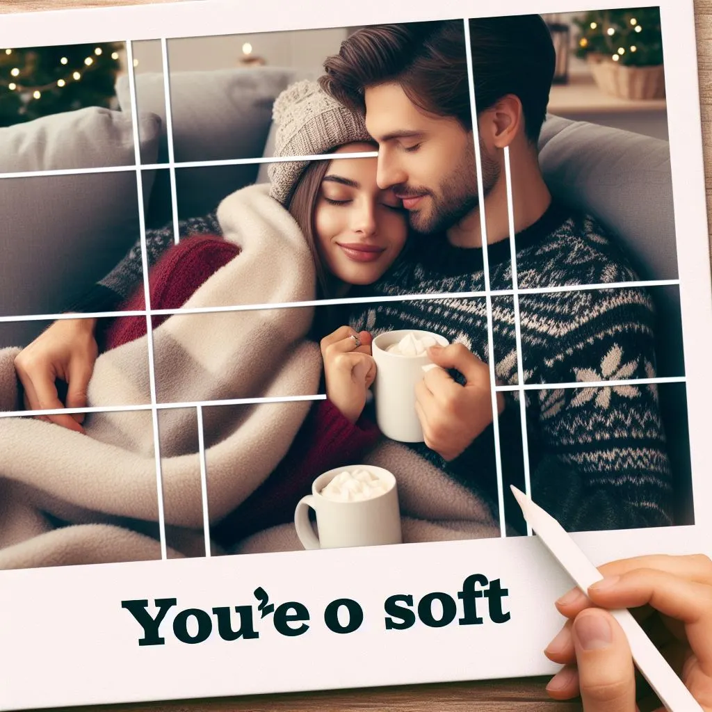 On the couch, a couple cuddles up with hot chocolate cups and blankets. The boyfriend whispers "You're so soft," evoking thoughts on "what does it mean when a guy calls you soft.