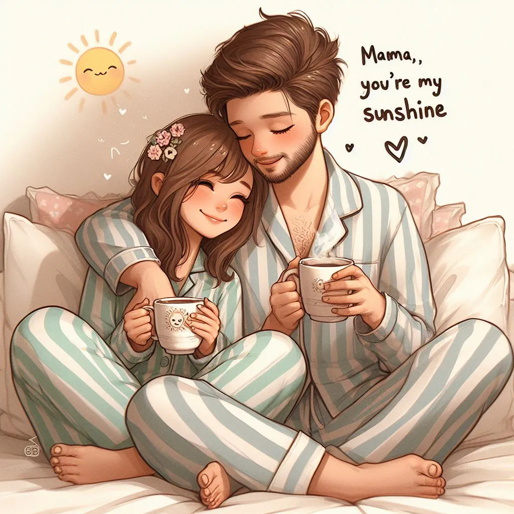 A couple in cozy pajamas shares a lazy morning, with the boyfriend whispering "Mama, you're my sunshine" in his girlfriend's ear as they sip coffee, pondering the significance of "what does it mean when a guy calls you mama?