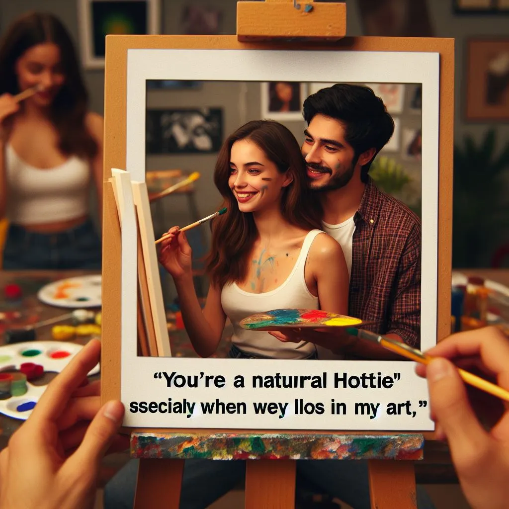 A couple attends an art class, painting on canvas together. The boyfriend praises his girlfriend, calling her a "natural hottie, especially when lost in her art," stirring thoughts on what it means when a guy calls you hottie.