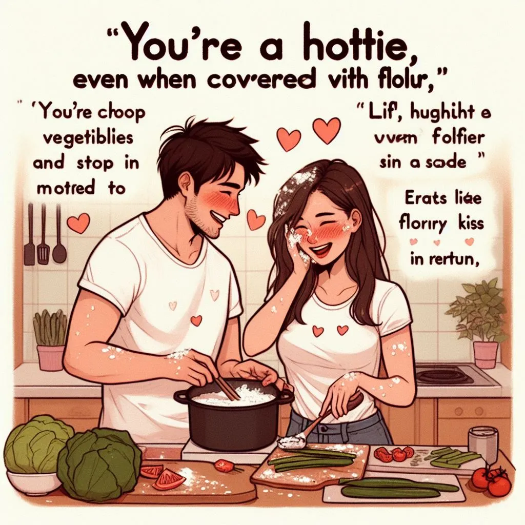 A couple cooks together in the kitchen, chopping vegetables and stirring pots. The boyfriend playfully compliments his girlfriend, calling her a "hottie even when covered in flour," sparking curiosity about what it means when a guy calls you hottie.