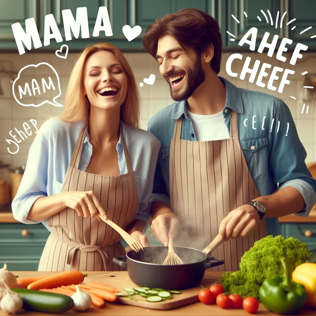 A couple cooks dinner together in their kitchen, with the boyfriend affectionately calling his girlfriend "Mama" as they share laughs and stories, pondering the significance of "what does it mean when a guy calls you mama?