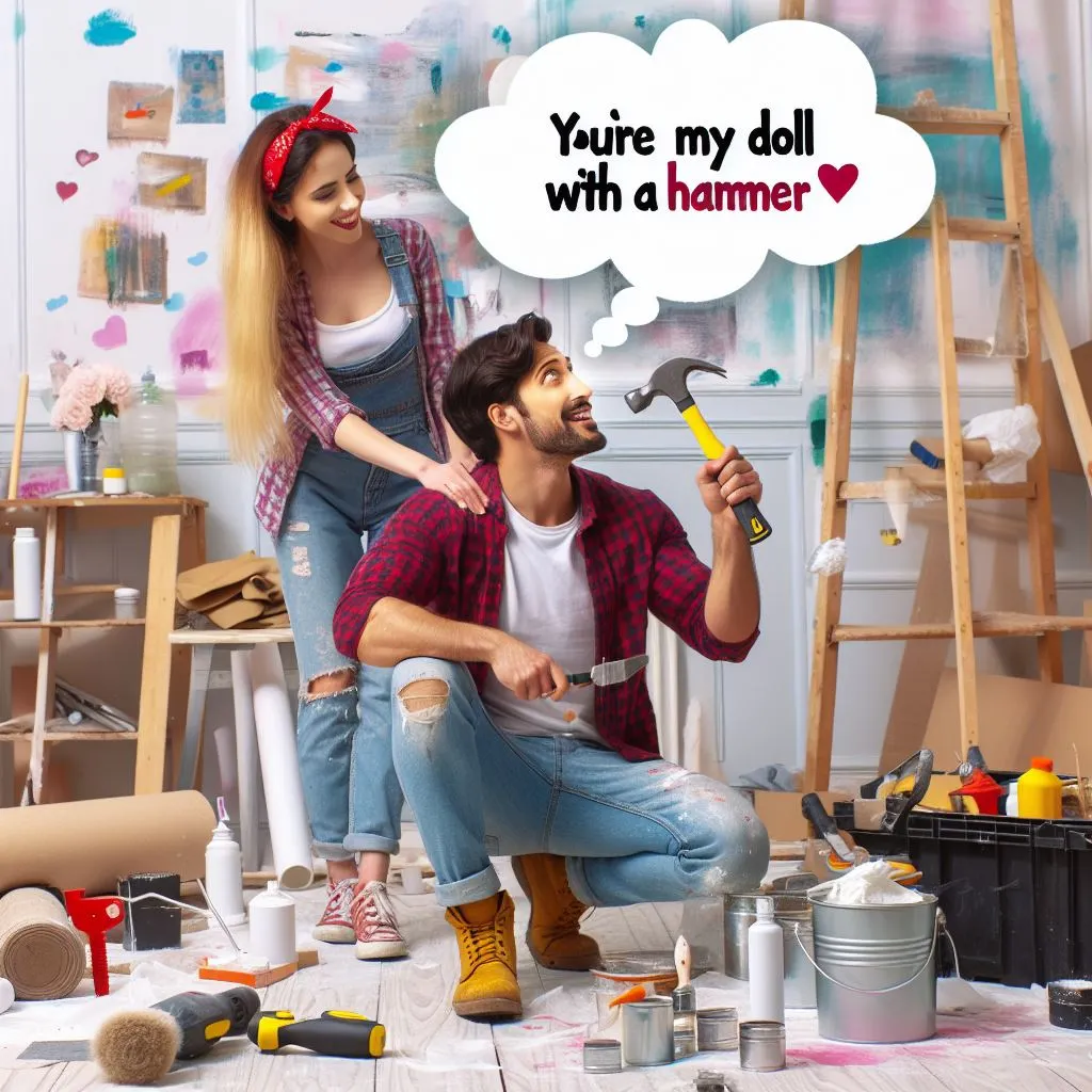 The couple tackles a DIY home renovation project together. Amidst the chaos of paint cans and power tools, the man pauses to admire his partner's determination and grace. With a playful grin, he quips, 'You're my doll with a hammer,' celebrating her strength and resilience. What does it mean when a guy calls you doll?