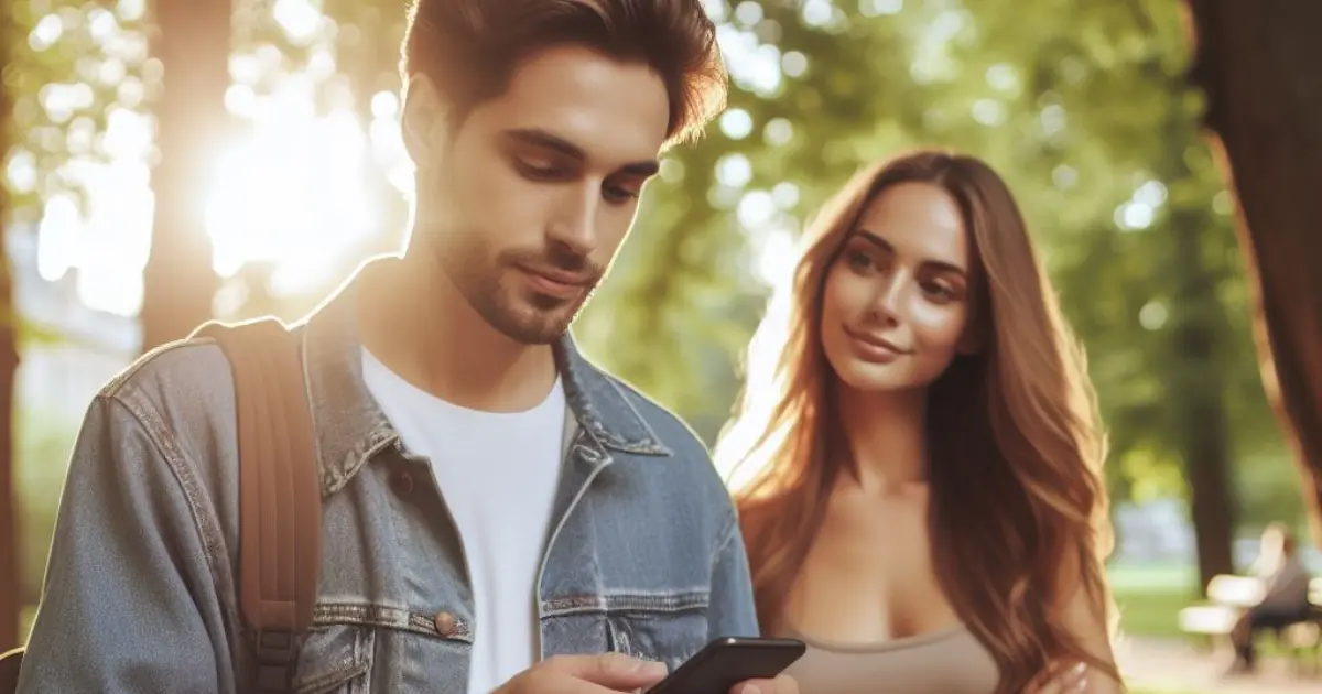 A couple walks in the park, the man pauses to text his girlfriend, igniting curiosity about "what does it mean when a guy texts you every day.