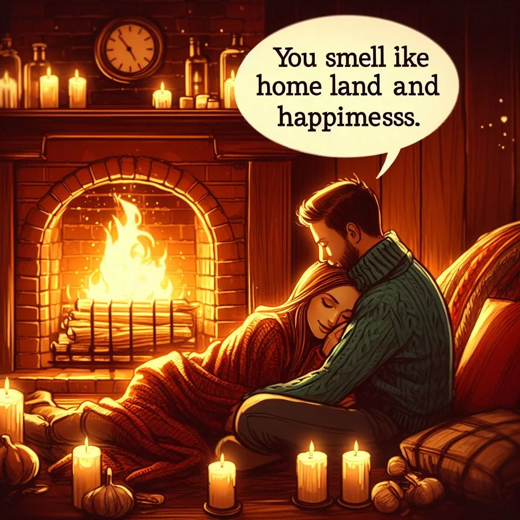 A couple cuddled up by the fireplace. The boyfriend compliments the girlfriend's scent, sparking curiosity. What does it imply whilst a man compliments your smell?