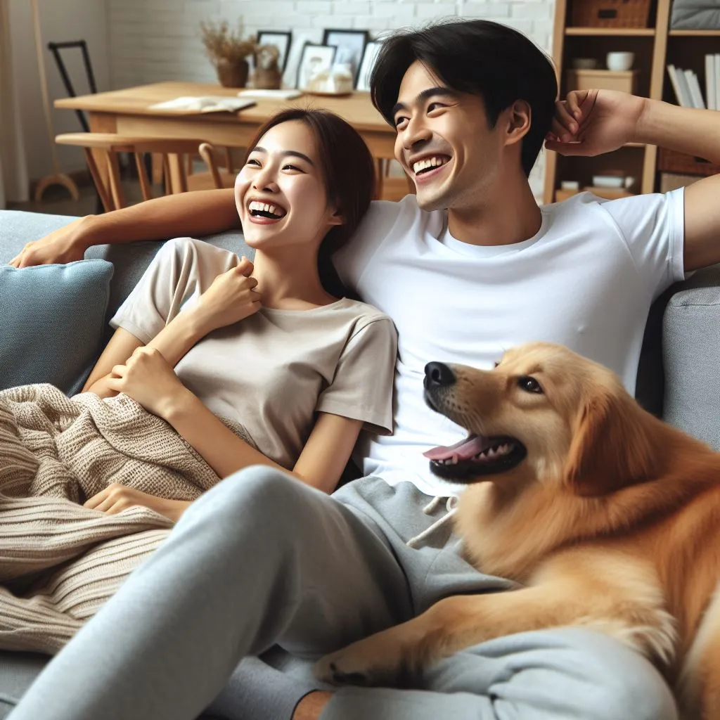 In a comfy dwelling room, the couple lounges on the sofa. The guy, in a playful temper, barks, prompting the question: what does it mean when a guy barks at you? Subtle smiles and shared laughter fill the scene.