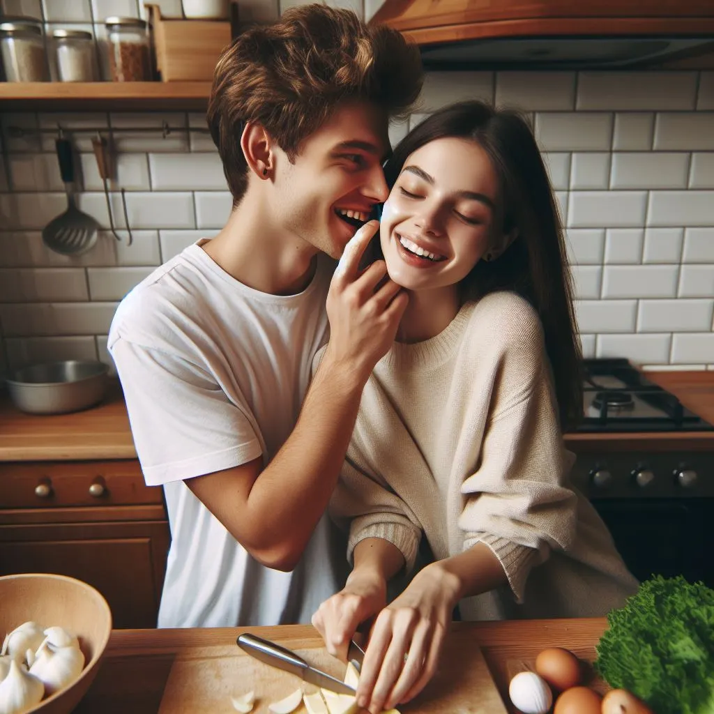 In a charming kitchen, a couple enjoys a fun cooking session. Amidst delightful scents, the guy playfully nibbles on the girl's ear, prompting the question: what does it mean when a guy bites you?