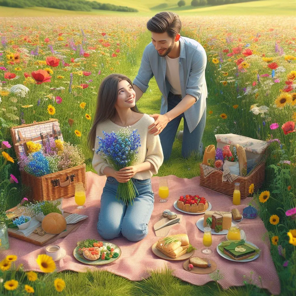 A lush meadow bursting with colorful wildflowers sets the scene for an unexpected picnic. The boyfriend tenderly hugs his girlfriend's shoulder, sparking thoughts on "what does it mean when a guy touches your shoulder?