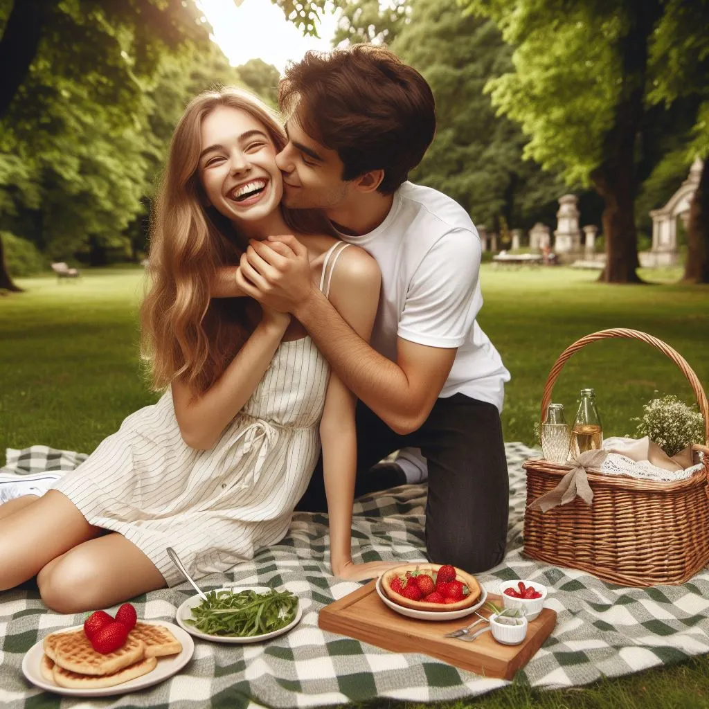 In a charming park, the couple arranges a picnic blanket. Amidst laughter and jokes, the guy gives the girl a playful neck kiss, prompting the question: what does it mean when a guy bites your neck?