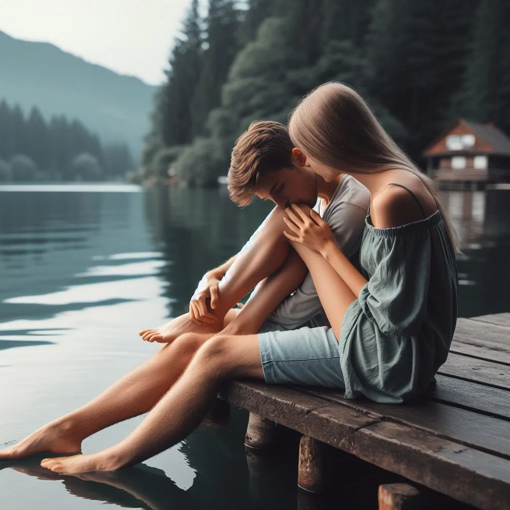 At a peaceful lakeside retreat, a couple embraces tranquility. Seated on a dock, legs dangling above the water, the boy's gentle nibble on the girl's neck becomes a symbol, unraveling the question: what does it mean when a guy bites you?