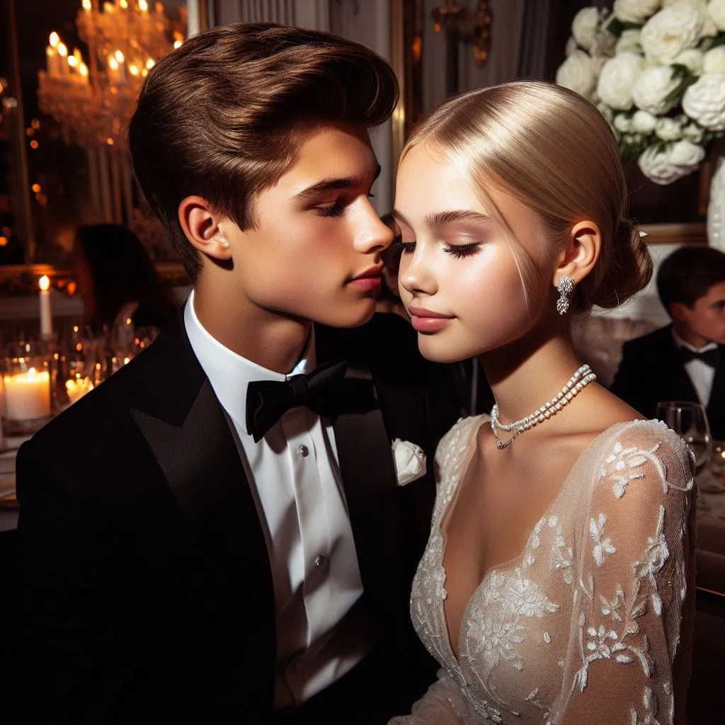 At an upscale event in formal attire, the couple indulges in sophisticated conversation. The charming boy steals a subtle neck kiss, adding a touch of romantic allure to the elegant setting, prompting the question: what does it mean when a guy bites your neck?