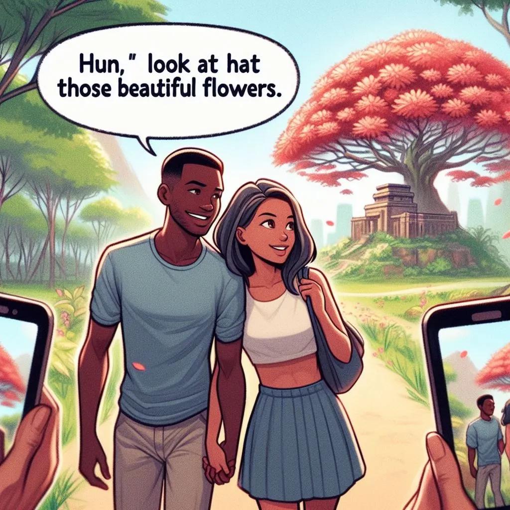 A couple walks hand in hand through a scenic park. The boyfriend affectionately calls his girlfriend "Hun," prompting thoughts on "what does it mean when a guy calls you hun.