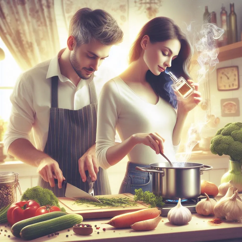 A couple in a cozy kitchen. The boyfriend leans in to smell his girlfriend's armpits while cooking together.